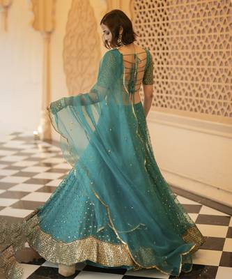 Teal Green Organza Base Embellished With Nakshi And Sequnce Lehenga Set 2