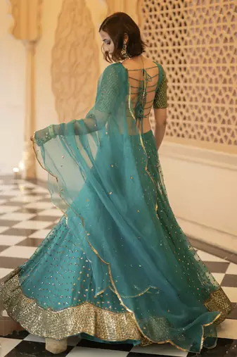 Teal Green Organza Base Embellished With Nakshi And Sequnce Lehenga Set