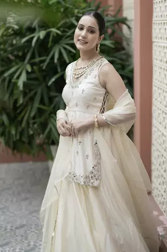 Off White Mirror Embroidered Kurta Paired With Chanderi Lehenga Set