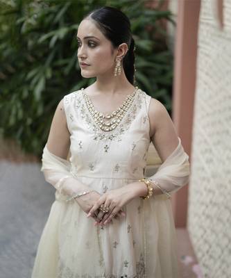 Off White Mirror Embroidered Kurta Paired With Chanderi Lehenga Set 3