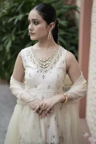 Off White Mirror Embroidered Kurta Paired With Chanderi Lehenga Set