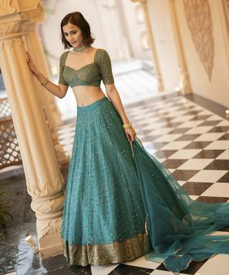Teal Green Organza Base Embellished With Nakshi And Sequnce Lehenga Set 3