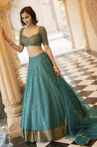 Teal Green Organza Base Embellished With Nakshi And Sequnce Lehenga Set