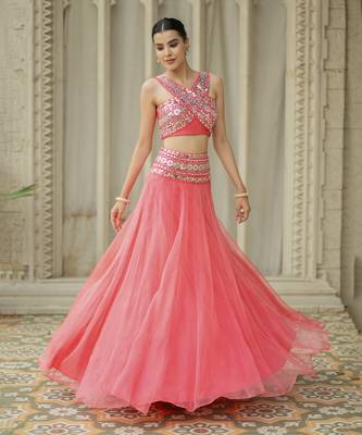 Pink Mirror Embroidered Organza Lehenga Set And Cape 5