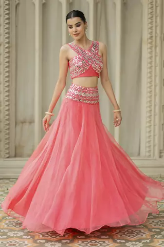 Pink Mirror Embroidered Organza Lehenga Set And Cape