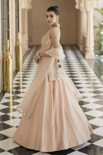 Pink Mirror Embroidered Kurta Paired With Chanderi Lehenga Set