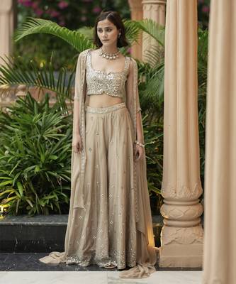 Beige embroidered palazzo cape set 1