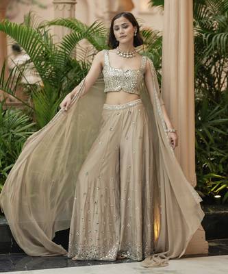 Beige embroidered palazzo cape set 2