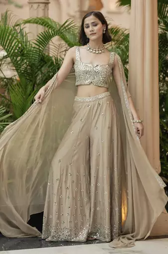 Beige embroidered palazzo cape set