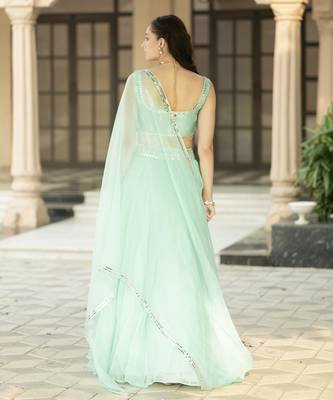 Aqua Blue Mirror Embroidered Organza Lehenga Set And Cape 5