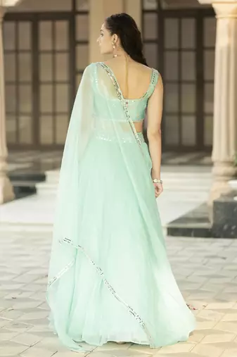 Aqua Blue Mirror Embroidered Organza Lehenga Set And Cape