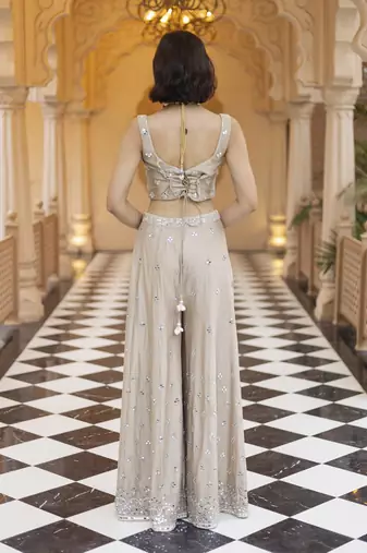 Beige embroidered palazzo cape set
