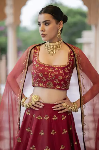 Maroon Chanderi Embroidered Lehenga Set