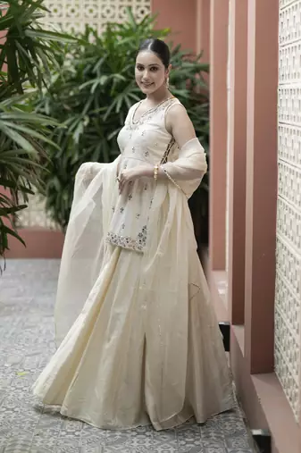 Off White Mirror Embroidered Kurta Paired With Chanderi Lehenga Set