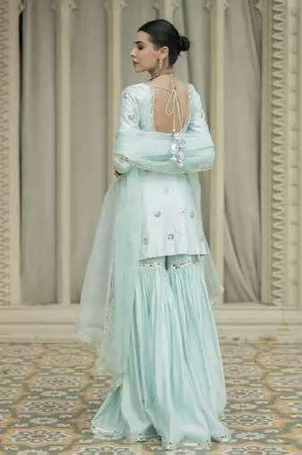Baby blue embroidered sharara set