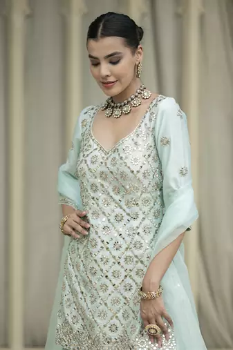 Baby blue embroidered sharara set