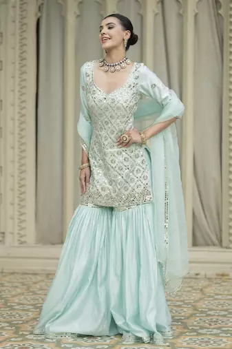 Baby blue embroidered sharara set