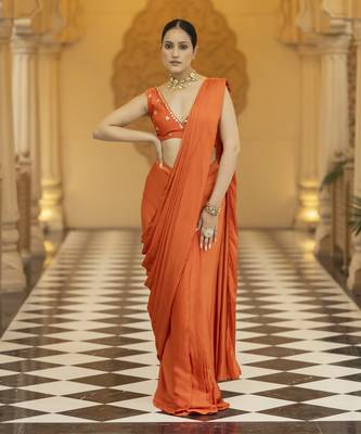 Orange floral printed saree 1