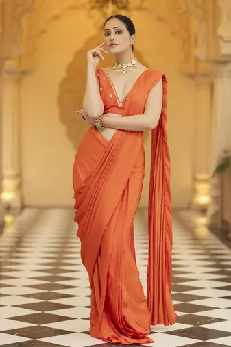 Orange floral printed saree