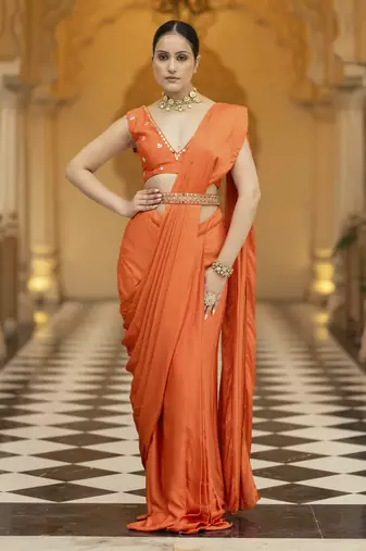 Orange floral printed saree
