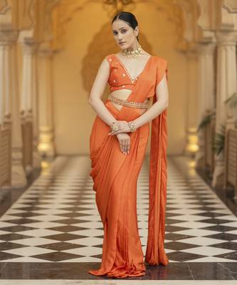 Orange floral printed saree 4