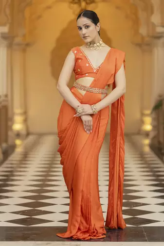 Orange floral printed saree