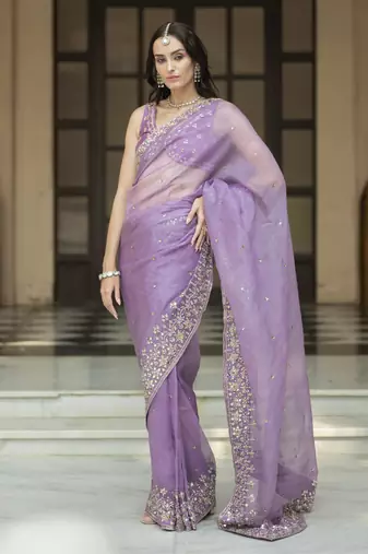Lavender floral printed pleated saree
