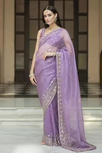 Lavender floral printed pleated saree