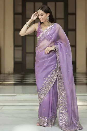 Lavender floral printed pleated saree