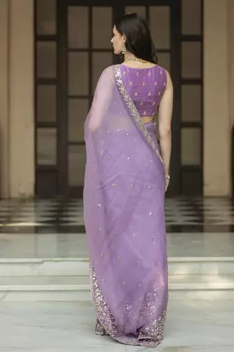 Lavender floral printed pleated saree