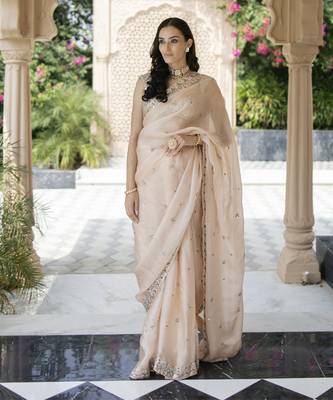 Blush pink floral printed pleated saree 1