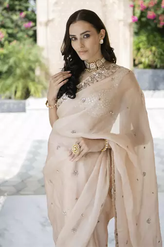 Blush pink floral printed pleated saree