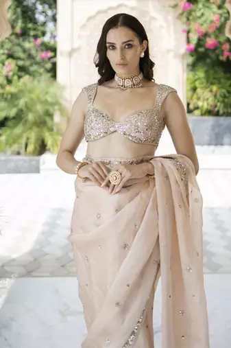 Blush pink floral printed pleated saree