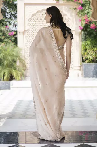 Blush pink floral printed pleated saree