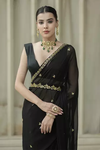 Black floral printed saree