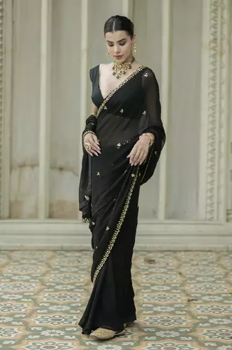 Black floral printed saree