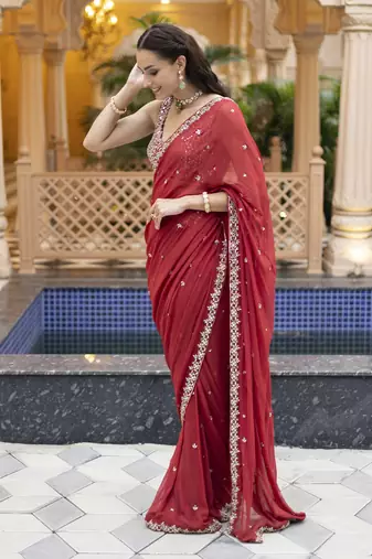 Red floral printed saree