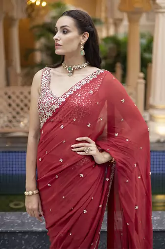 Red floral printed saree