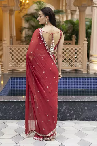 Red floral printed saree