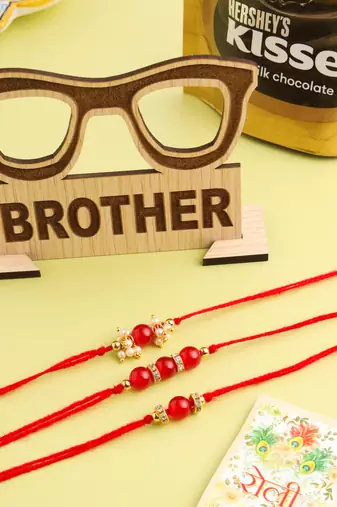 men set of 3 red artificial beads & pearls thread rakhi, combo for rakshabandhan