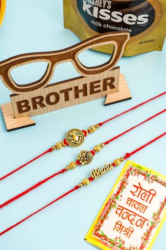 men's set of 3 gold toned thread rakhi set, combo for rakshabandhan