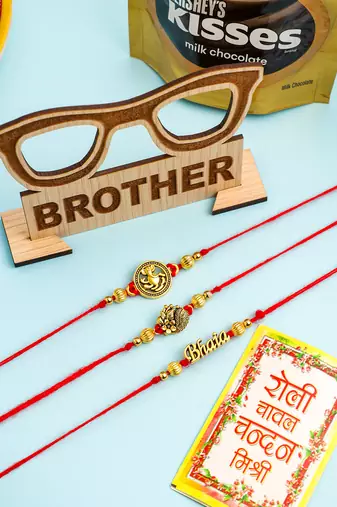 men's set of 3 gold toned thread rakhi set, combo for rakshabandhan