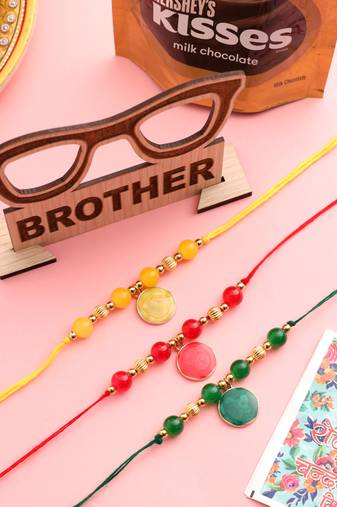 men set of 3 multicolor artificial beads thread rakhi, combo for rakshabandhan