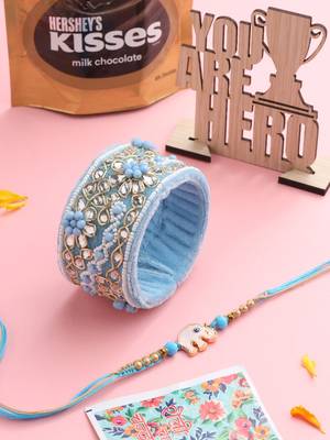set of 2 blue artificial stones & beads floral bhaiya bhabhi rakhi combo 1