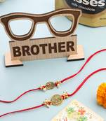 men set of 2 gold toned pearls swastik desgin thread rakhi, combo for rakshabandhan