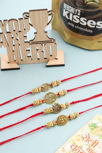 men set of 4 gold toned artificial stones swastik design thread rakhi combo