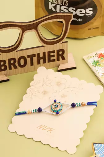 men blue artificial stones & beads floral design thread rakhi combo