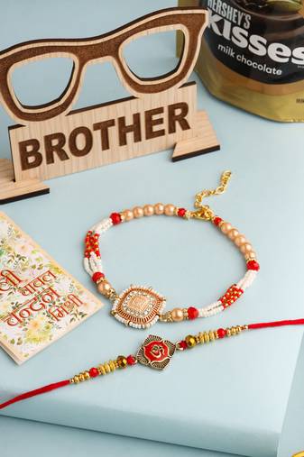 set of 2 gold toned artificial stones & beads om design bhaiya bhabhi rakhi combo