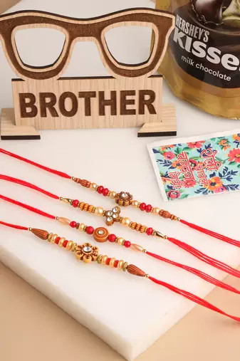 men set of 4 red artificial stones & beads floral shape thread rakhi combo