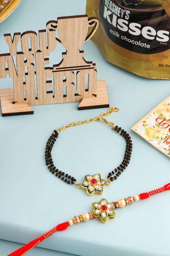 set of 2 gold toned kundan studded floral shape bhaiya bhabhi rakhi combo